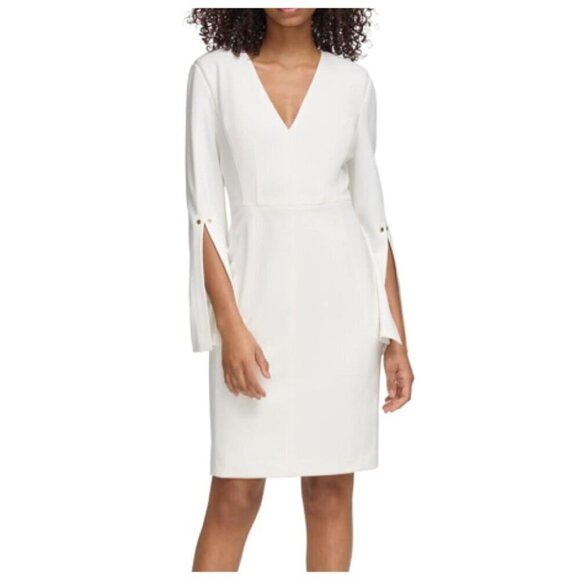Tommy Hilfiger Women's Slit Sleeve Sheath Knee Length Dress Size 8 Off White - Picture 2 of 11